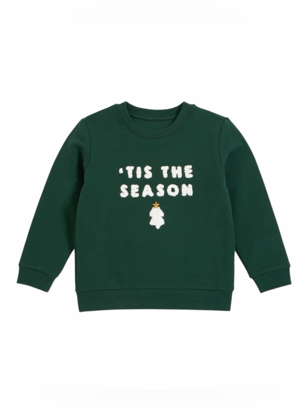 Petit Lem Dark Green 'Tis The Season Sweatshirt with White Tree & Gold Star